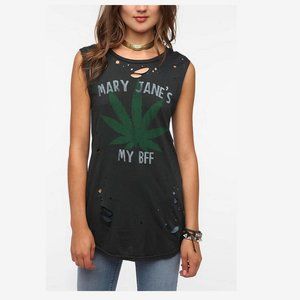 THC Mary Jane's My BFF Cut-off Tee Shirt w/Cannabis Leaf, Distressed Look, Small